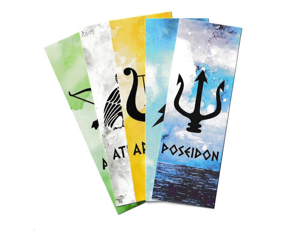 Five overlapping bookmarks with names of Greek gods and their icons
