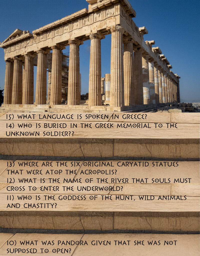 Picture of the Temple of Athena at the Acropolis in Athens above an image of a stone stairway, with each stair riser having a question