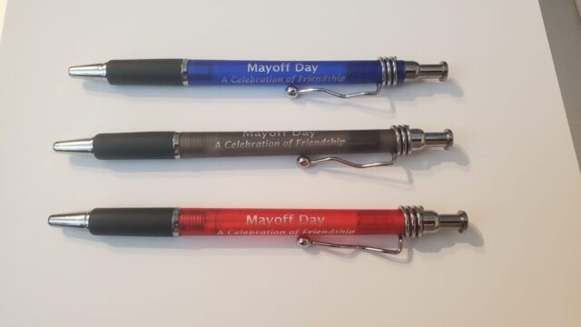 Mayoff Day pen souvenirs Photo of three Mayoff Day pens